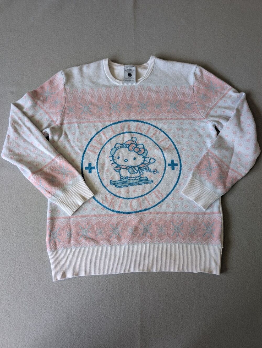 Bioworld Hello Kitty Ski Club Knit Sweater Pastel Pink Blue Fair Isle Size L
